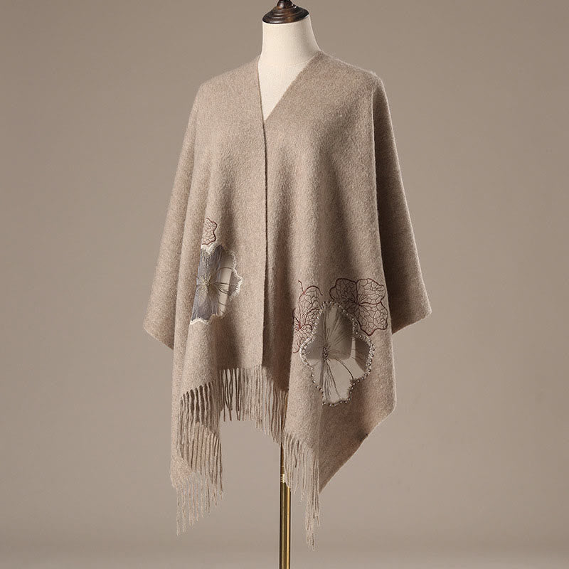 Wool Shawl Lotus Leaf Embroidery Tassel Winter Cozy Travel Scarf Wrap