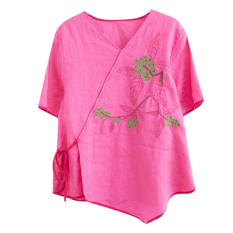 Summer Casual Ethnic Embroidery Flower Lace-up Short Sleeve V-neck Cotton Linen Women's T-Shirt