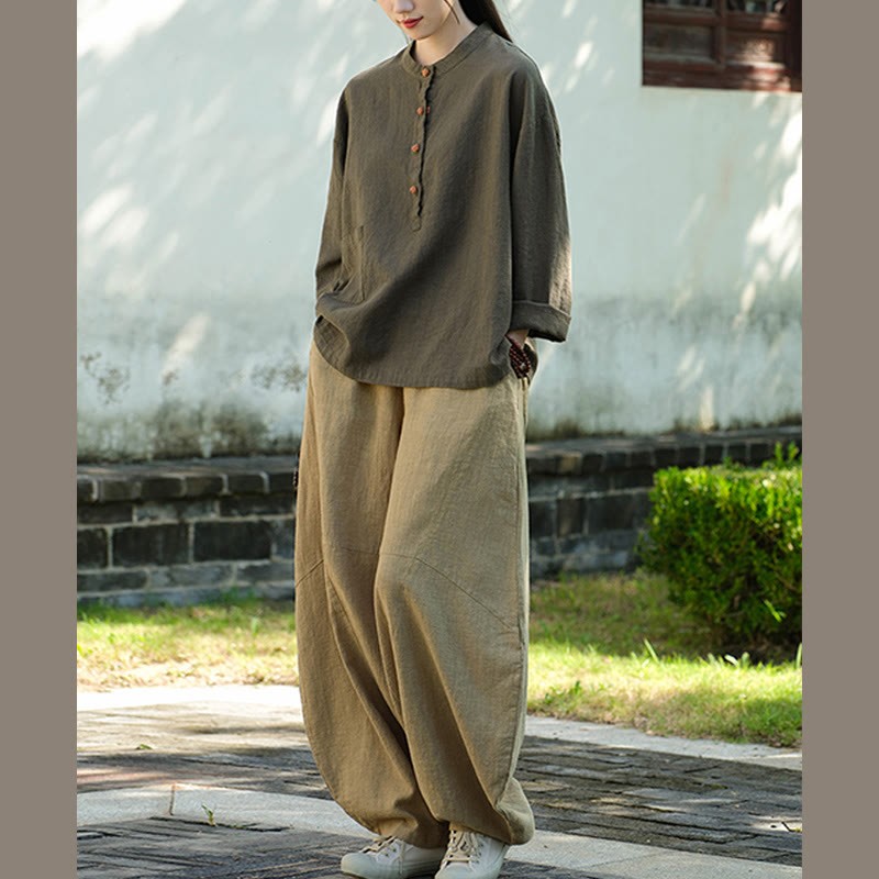 Solid Color Loose Button Blouse Long Sleeve Shirt Top