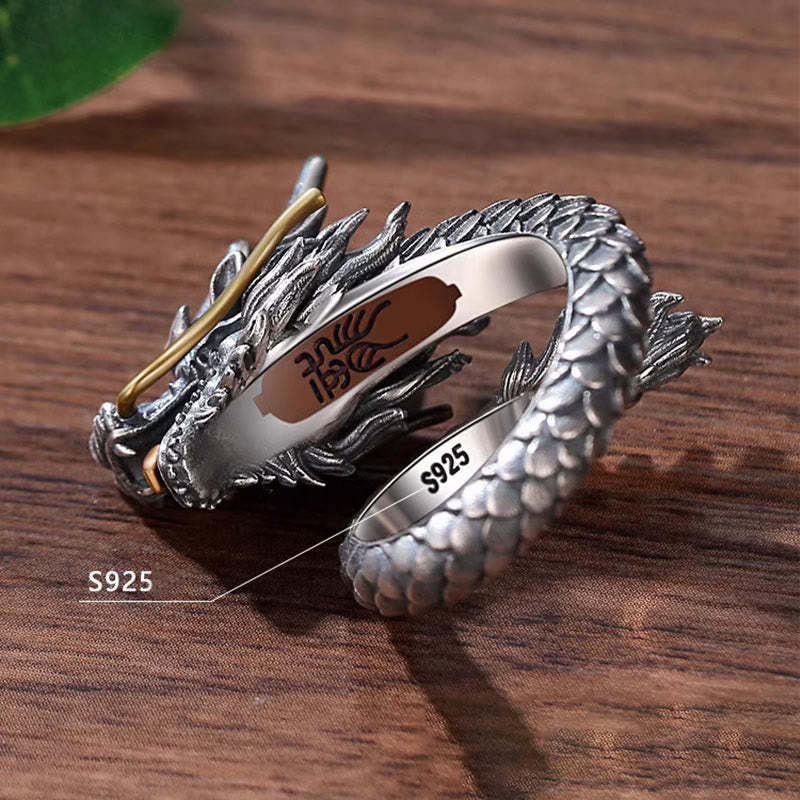 925 Sterling Silver Vintage Dragon Design Protection Strength Adjustable Ring