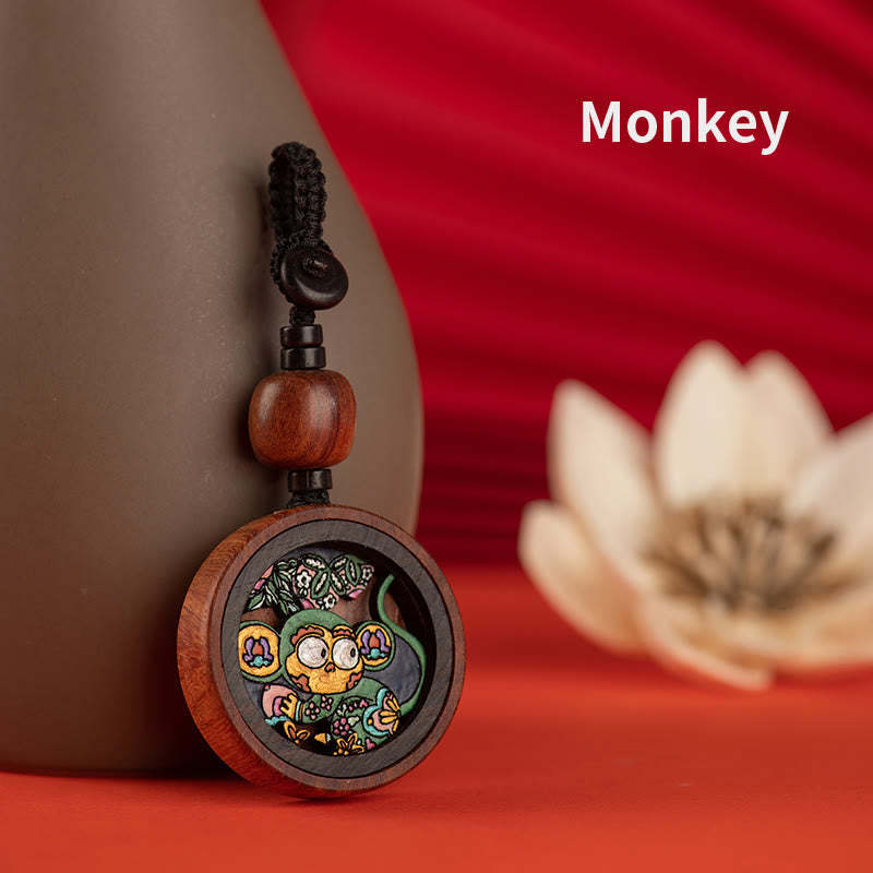 Year Of The Dragon Hand Painted Chinese Zodiac Rosewood Carved Calm Key Chain