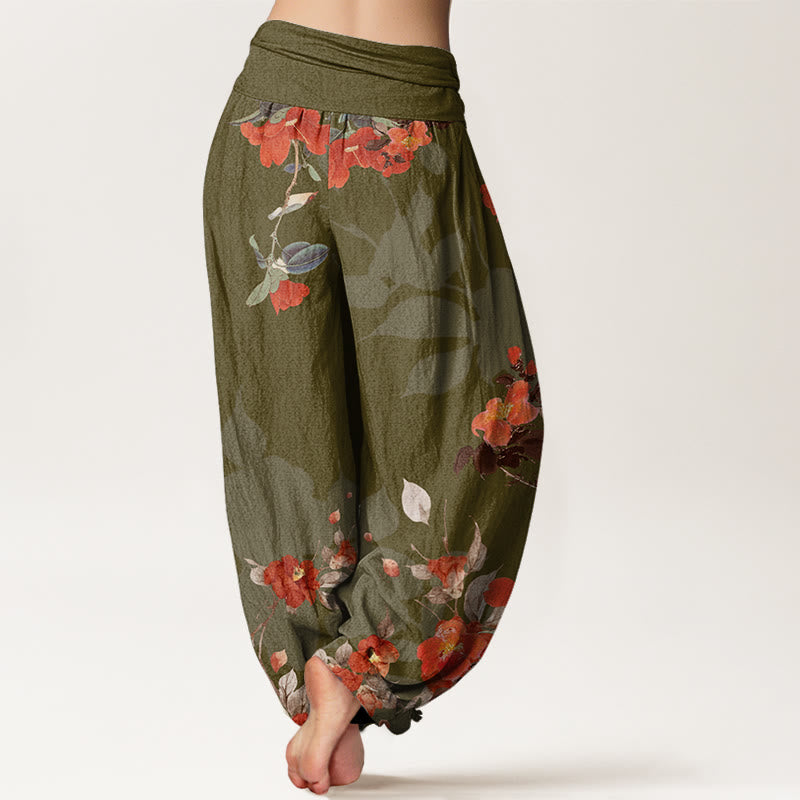 Red Flowers Green Leaves Bird Women's Elastic Waist Harem Pants