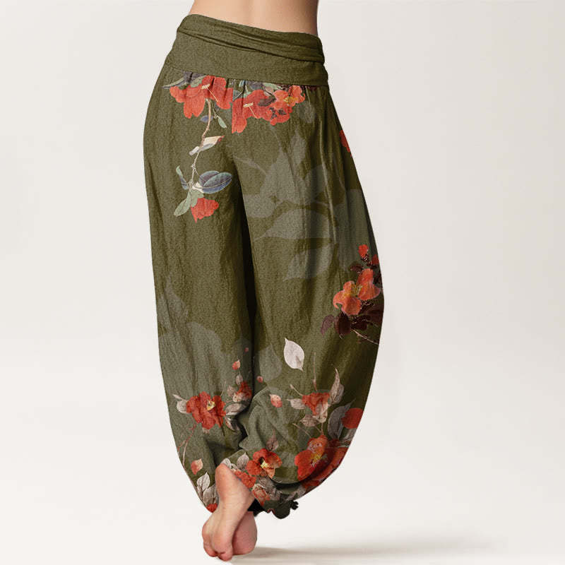 Red Flowers Green Leaves Bird Women's Elastic Waist Harem Pants