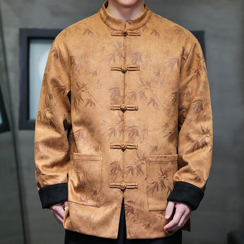Men's Frog-Button Tang Suit Bamboo Pattern Suede Cotton Jacket Shirt With Pockets
