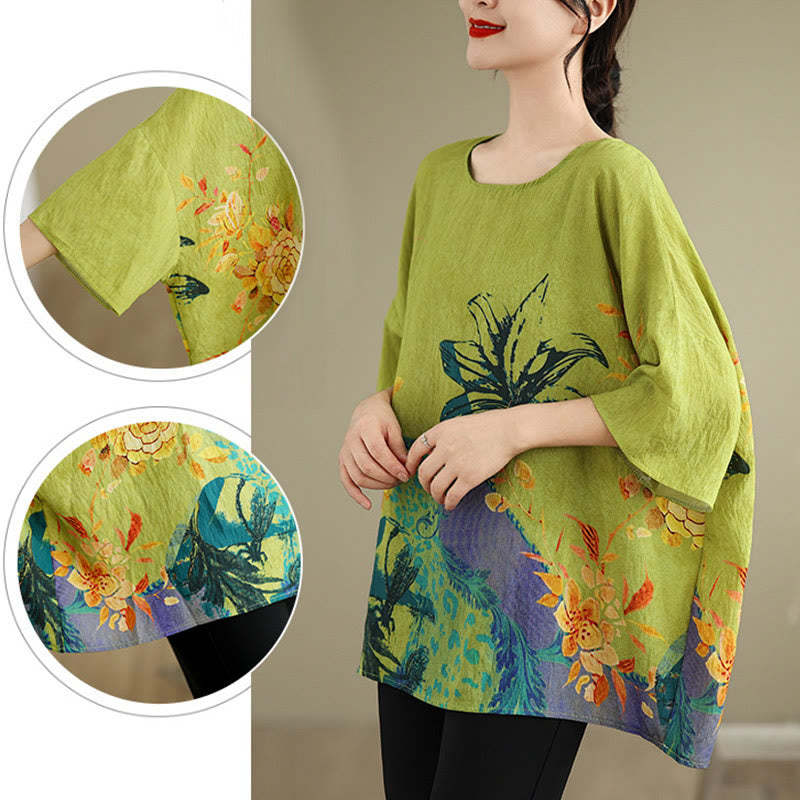 Yellow Green Flowers Three Quarter Sleeve Linen T-shirt Tee