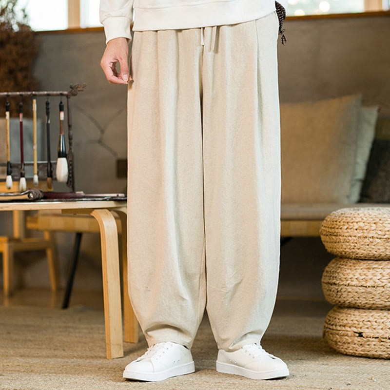 Solid Color Cotton Linen Drawstring Men's Harem Pants With Pockets
