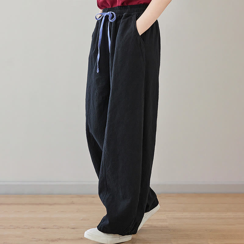 Casual Plain Loose Rope Women's Cotton Linen Pants With Pockets