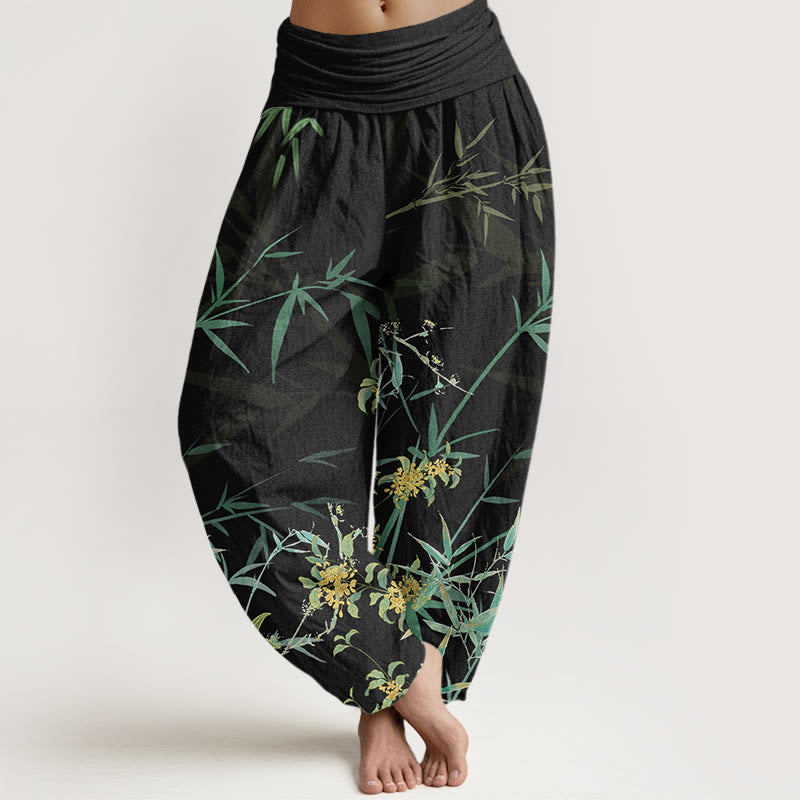 Blooming Flowers Bamboo?Pattern Women's Elastic Waist Harem Pants