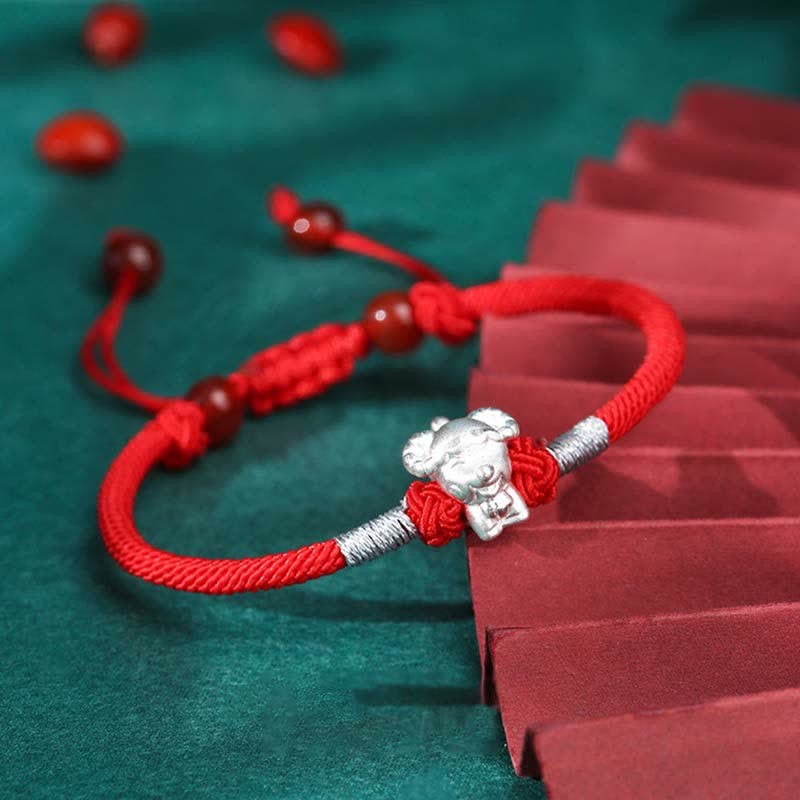 999 Sterling Silver Chinese Zodiac Luck Strength Red String Bracelet