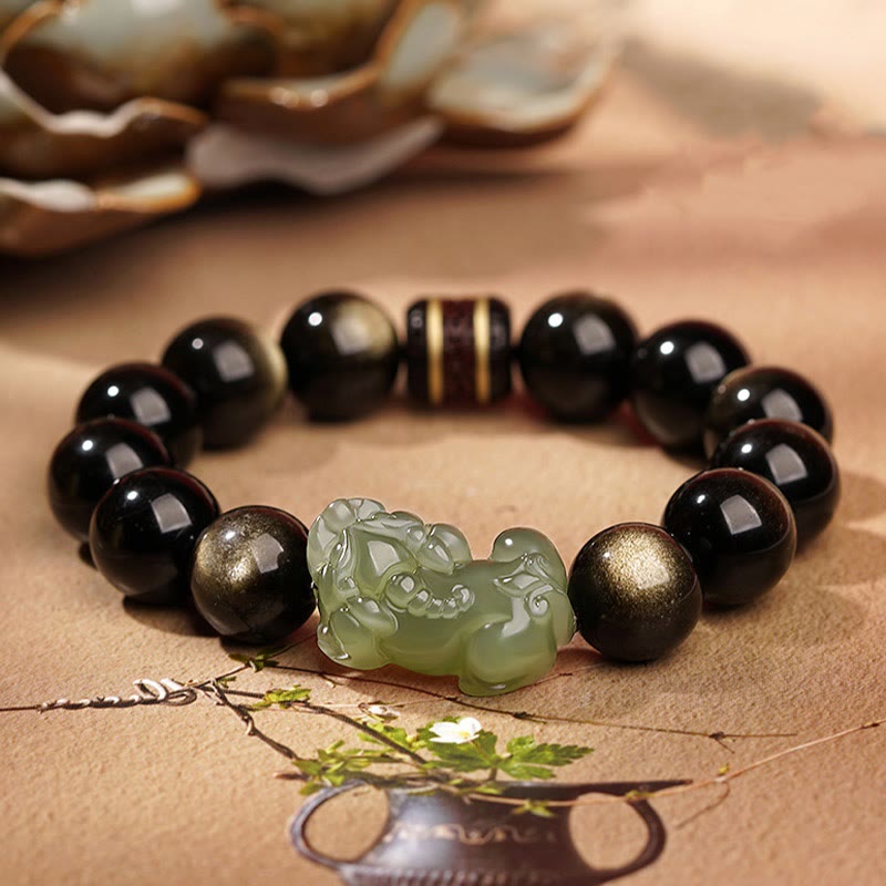 Natural Gold Sheen Obsidian Hetian Cyan Jade White Jade PiXiu Wealth Bracelet