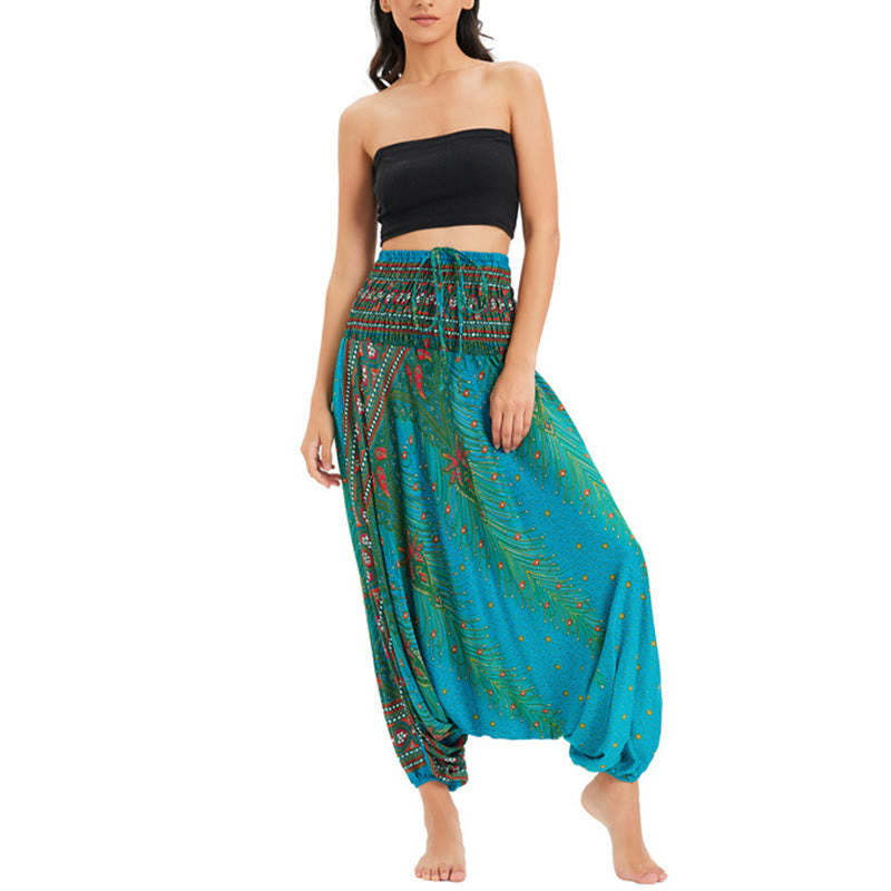 Two Style Wear Peacock Feather Loose Smocked Harem Trousers Jumpsuit High Waist Pants