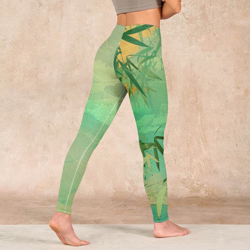 Green Bamboo Pavilion Print Gym Leggings Women's Yoga Pants
