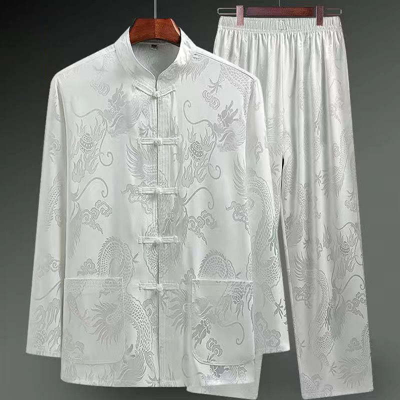 2Pcs Tang Suit Dragon Frog-Button Men's Long Sleeve Shirt Pants Clothing Set