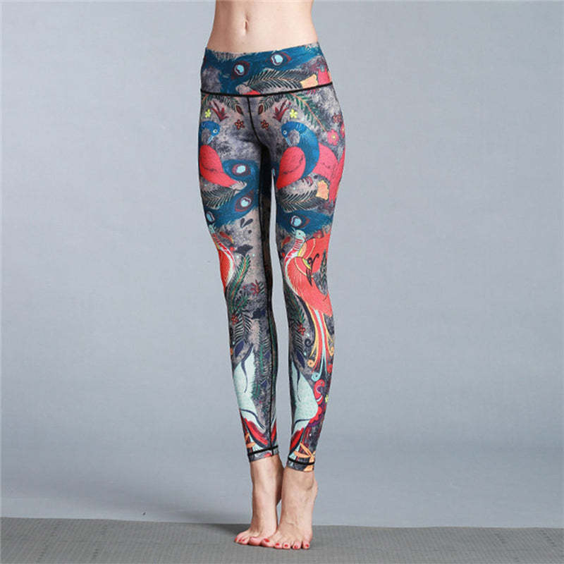 Red Blue Peacock Feather Print Pants Sports Fitness Yoga Leggings Women's Yoga Pants