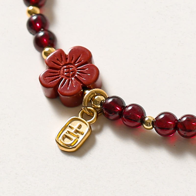 14K Gold Natural Garnet Cinnabar Flower Calm Bracelet