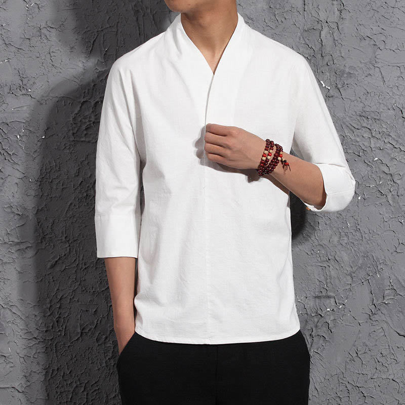 Casual V-Neck Three Quarter Sleeve Shirt Cotton Linen Men Clothing