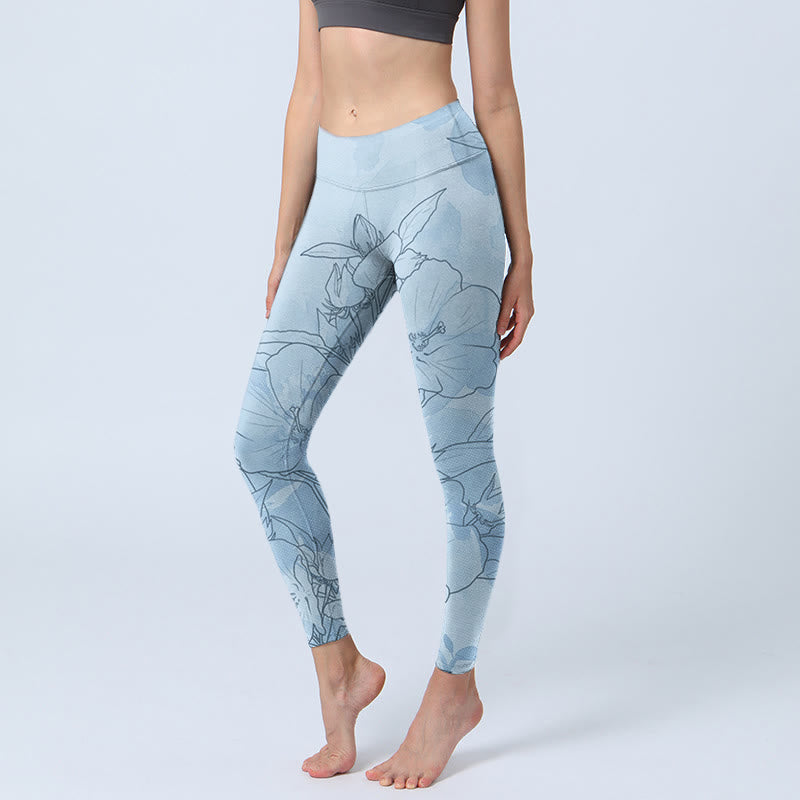 Blue Flower Sketch Print Sports Leggings Women's Yoga Pants