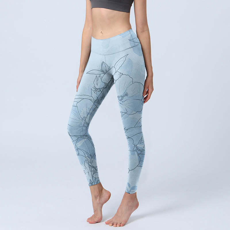 Blue Flower Sketch Print Sports Leggings Women's Yoga Pants