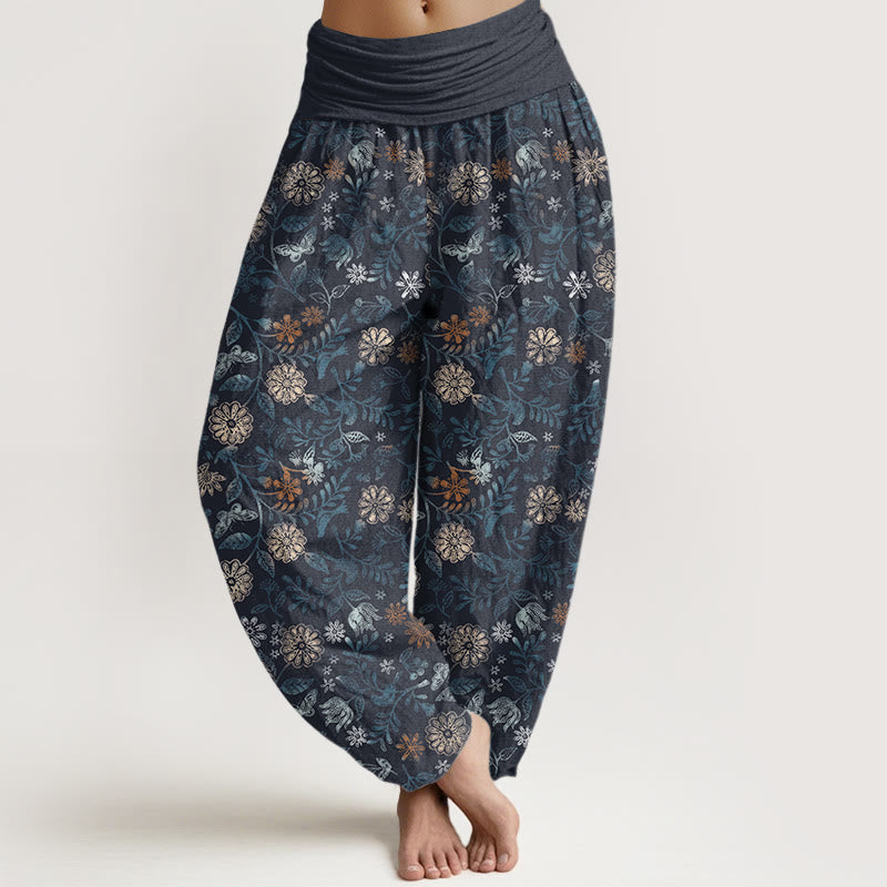 Casual New York Aster Flowers Leaves Design Women's Elastic Waist Harem Pants