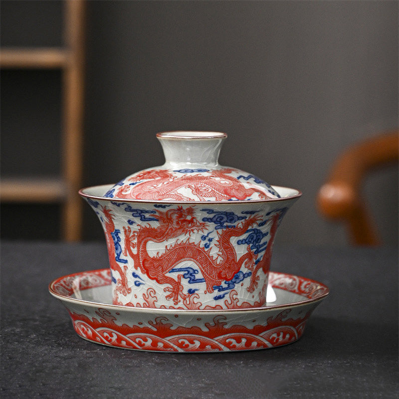 Jingdezhen Dragon Phoenix Pavilion Pine Flower Ceramic Gaiwan Sancai Teacup Kung Fu Tea Cup And Saucer With Lid 170ml
