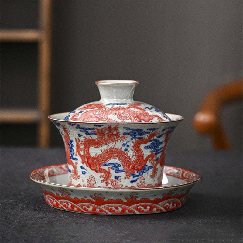 Jingdezhen Dragon Phoenix Pavilion Pine Flower Ceramic Gaiwan Sancai Teacup Kung Fu Tea Cup And Saucer With Lid 170ml