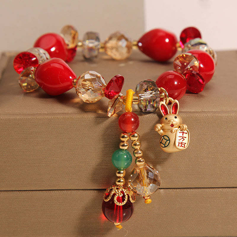 Red Stone Lucky Cat Rabbit Fu Character Fortune Bracelet