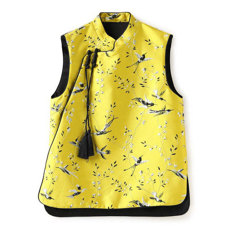 Vintage Embroidery Crane Plants Pattern Knot Button Vest
