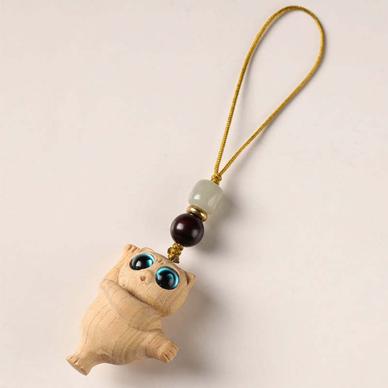 Green Sandalwood Thuja Sutchuenensis Dancing Cat Positive Key Chain Phone Hanging Decoration