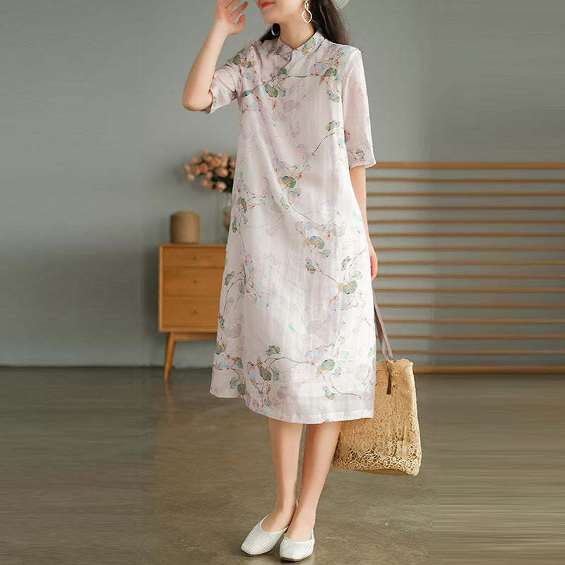 Frog-button Leaves Branches Midi Dress Cotton Linen Short Sleeve Dress With Pockets