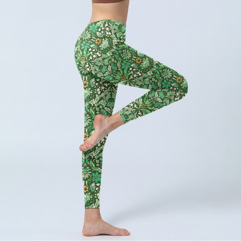 Green Stitching Symmetrical Flower Leaf Pattern Print Gym Leggings Women's Yoga Pants