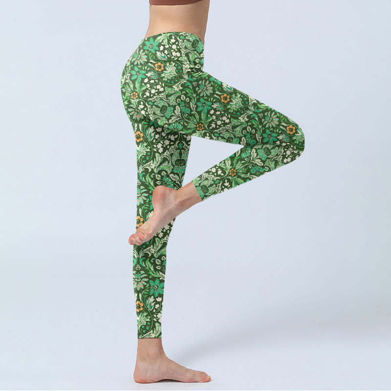Green Stitching Symmetrical Flower Leaf Pattern Print Gym Leggings Women's Yoga Pants