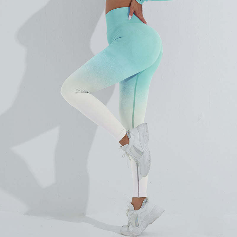 Gradient Long Sleeve Crop Top Tee Bra Leggings Pants Fitness Yoga Outfit