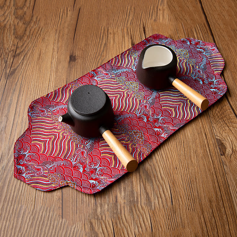 Sea Wave Bamboo Plum Blossom Brocade Embroidery Cup Mat Pad Tea Cup Coaster Kung Fu Tea Mat