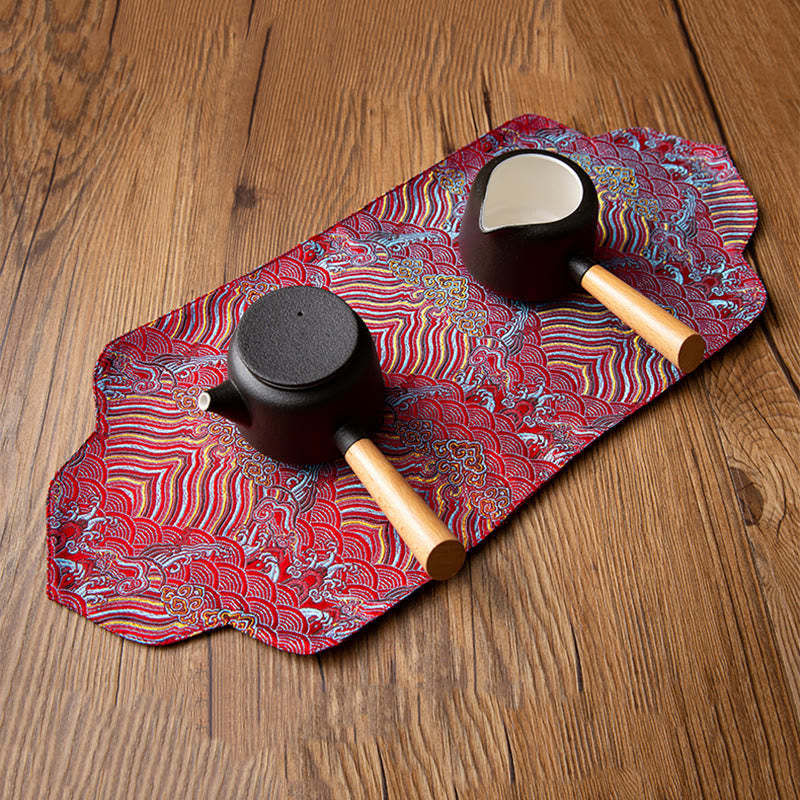 Sea Wave Bamboo Plum Blossom Brocade Embroidery Cup Mat Pad Tea Cup Coaster Kung Fu Tea Mat