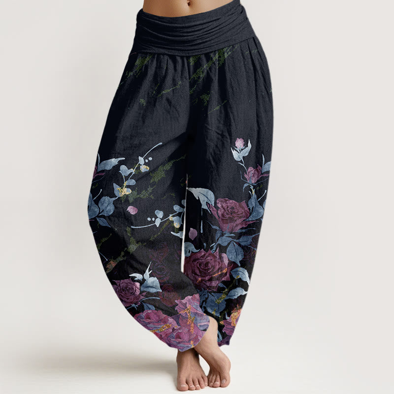 Blooming Roses Pattern Women's Elastic Waist Harem Pants