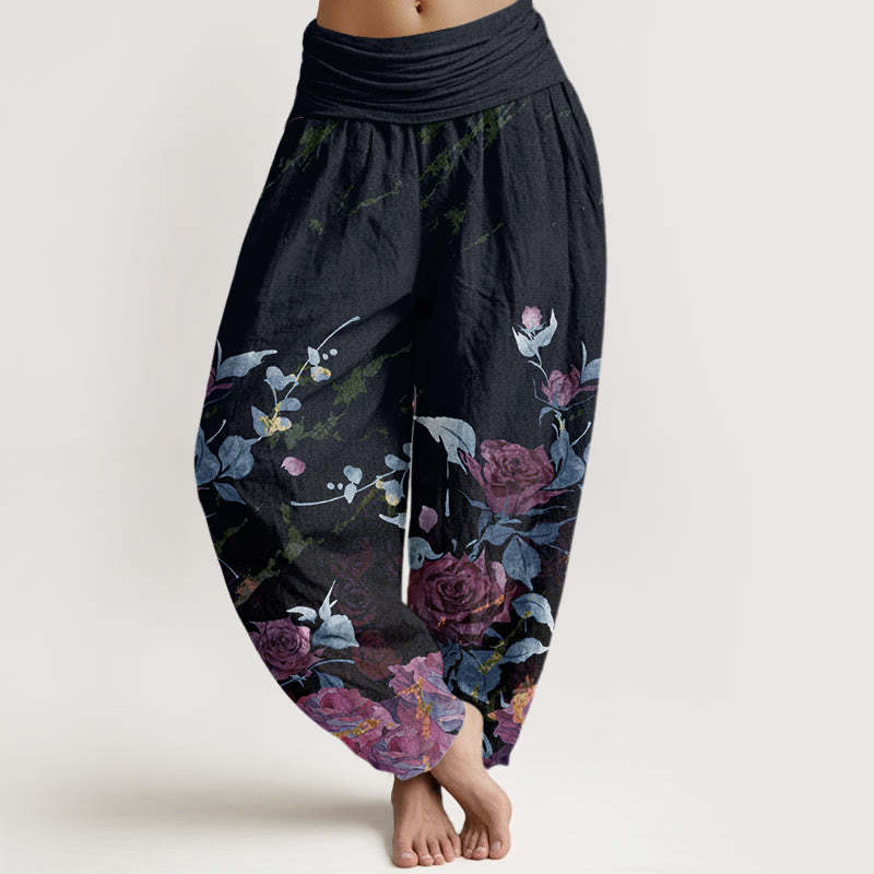 Blooming Roses Pattern Women's Elastic Waist Harem Pants