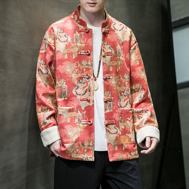 Chinese New Year Clothes Ancient Figure Painting Solid Color Cuff Frog-button Tang Suit Cotton Men's Jacket Shirt With Pockets