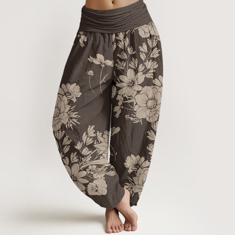 Casual Peony Leaves Women's Elastic Waist Harem Pants