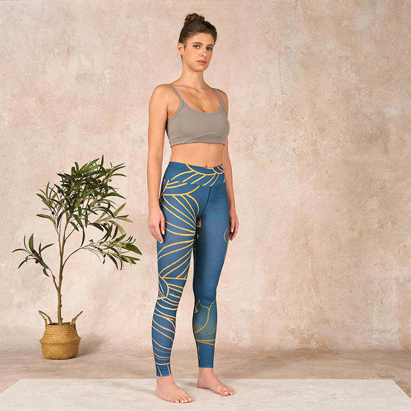 Gray Golden Koi Fish Lotus Print Gym Leggings Women's Yoga Pants