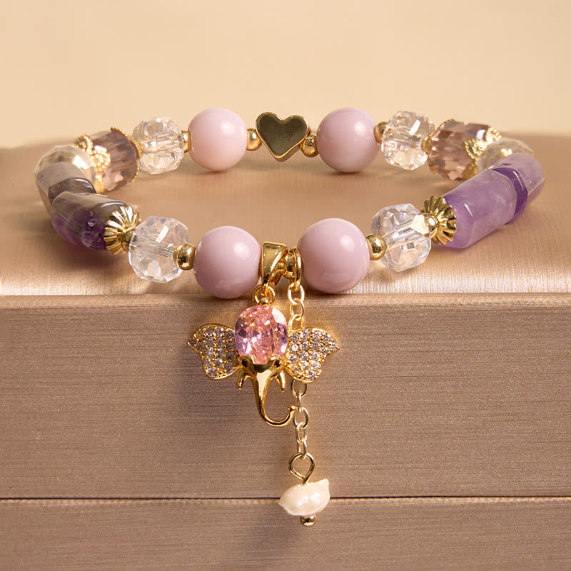 Amethyst Green Aventurine Strawberry Quartz Positive Elephant Charm Bracelet