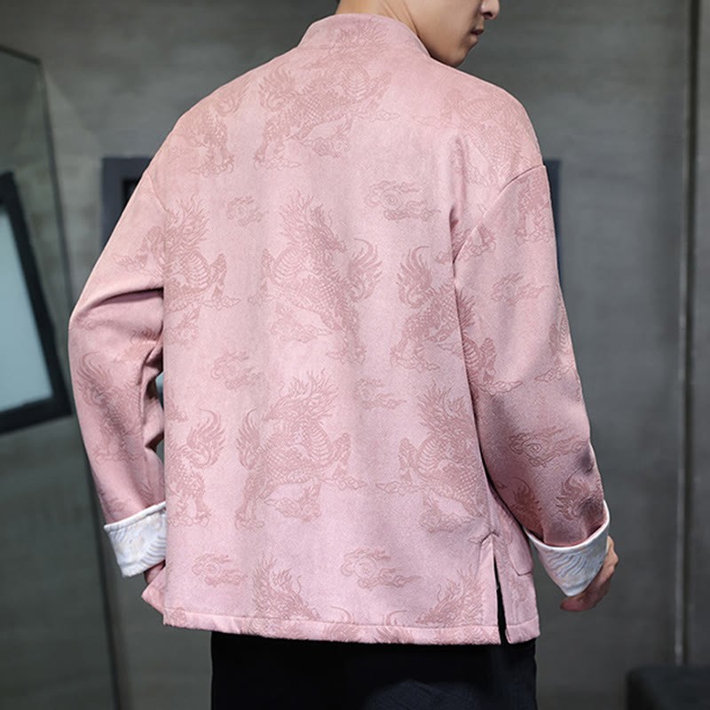 Chinese New Year Kirin Print Frog-button Tang Suit Men's Jacket Shirt With Pockets