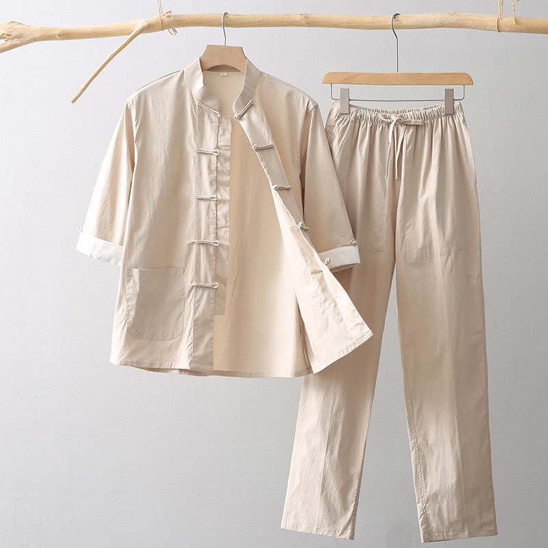 Tang Frog-Button Three Quarter Sleeve Shirt Wide Leg Pants Cotton Linen Men's Suit