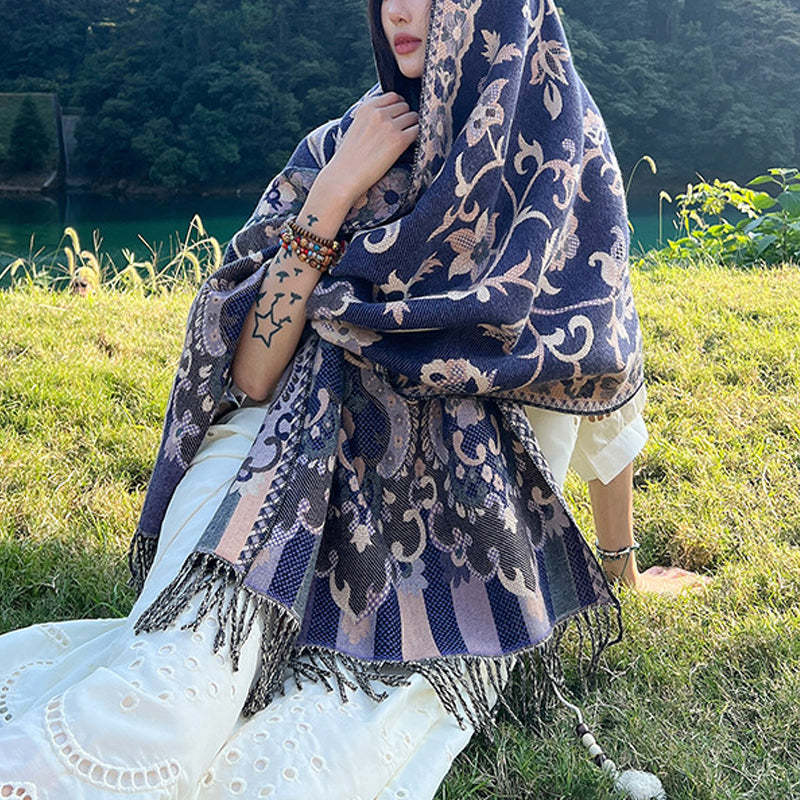 Tibetan Flowers Leaves Branch Design Tassel Shawl Cozy Travel Scarf Wrap