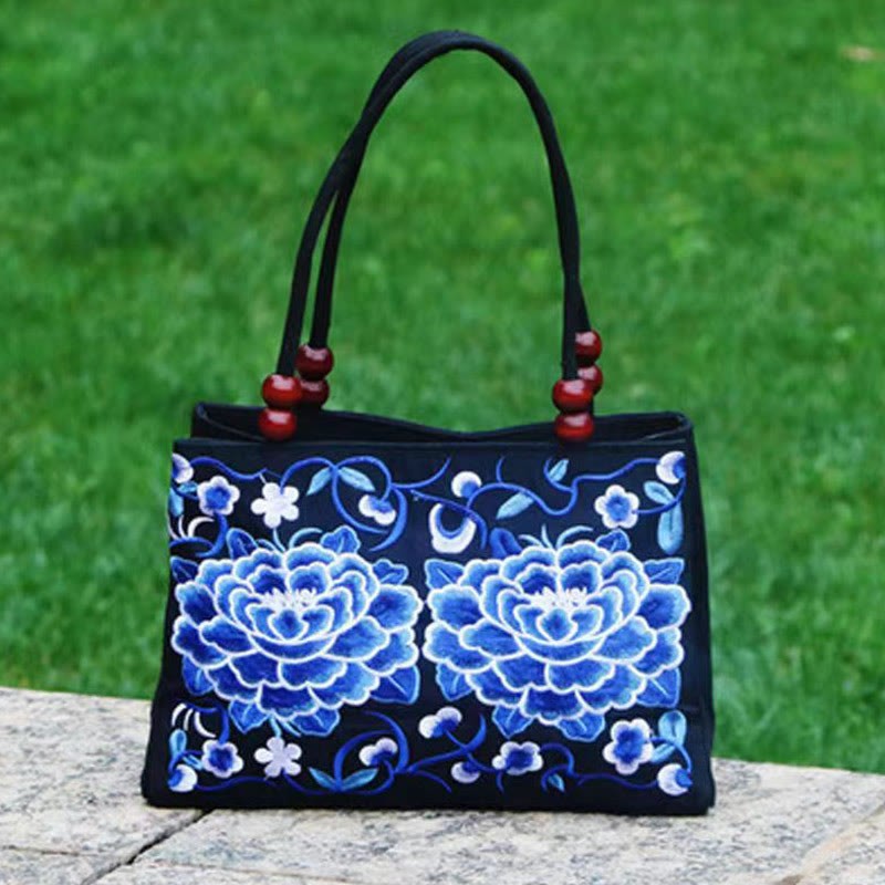 Galsang Inula Flower Peony Peacock Double-Sided Embroidery Canvas Shopping Purse Handbag