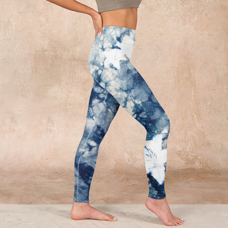Blue Lily Flowers Watercolor Texture Print Gym Leggings Women's Yoga Pants