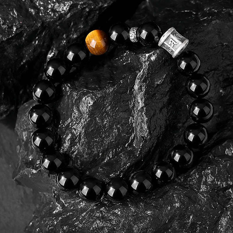999 Sterling Silver Black Obsidian Tiger Eye Om Mani Padme Hum Fulfillment Bracelet