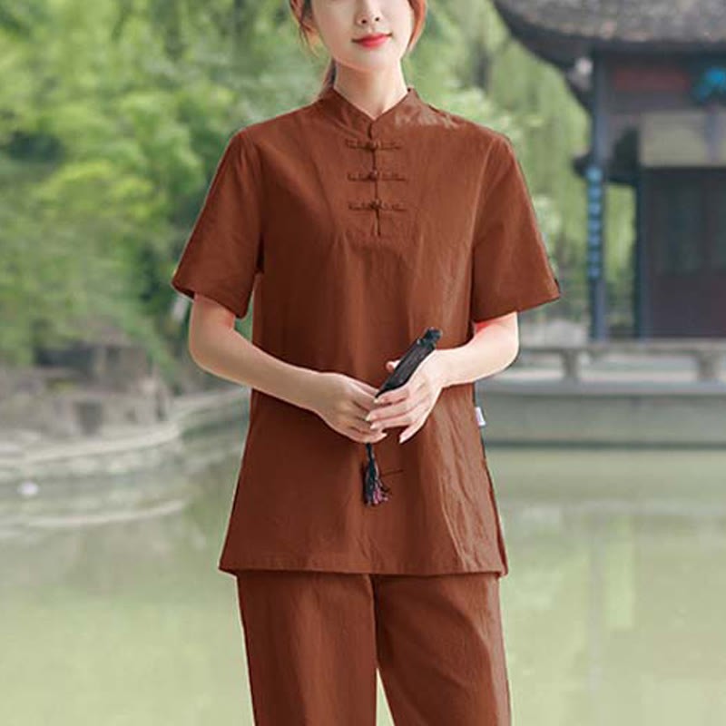 2Pcs Women's Short Sleeve Shirt Top T-Shirt Pants Meditation Zen Tai Chi Cotton Linen Clothing Set