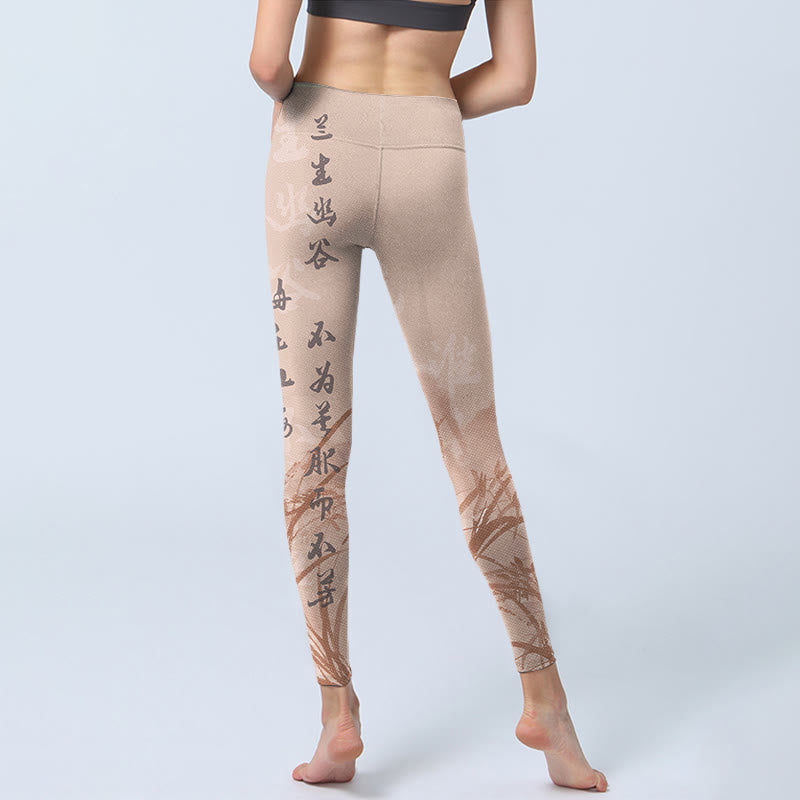 Calligraphy Orchid Print Gym Leggings Women's Yoga Pants