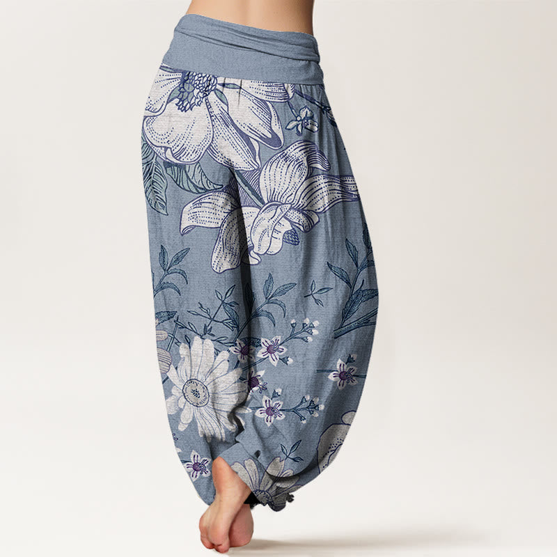 Daisy White Flowers Pattern Women's Elastic Waist Harem Pants