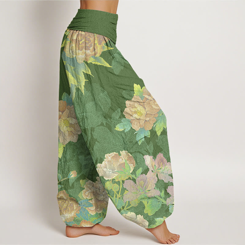 Big Pink Peonies Green Leaves Women's Elastic Waist Harem Pants